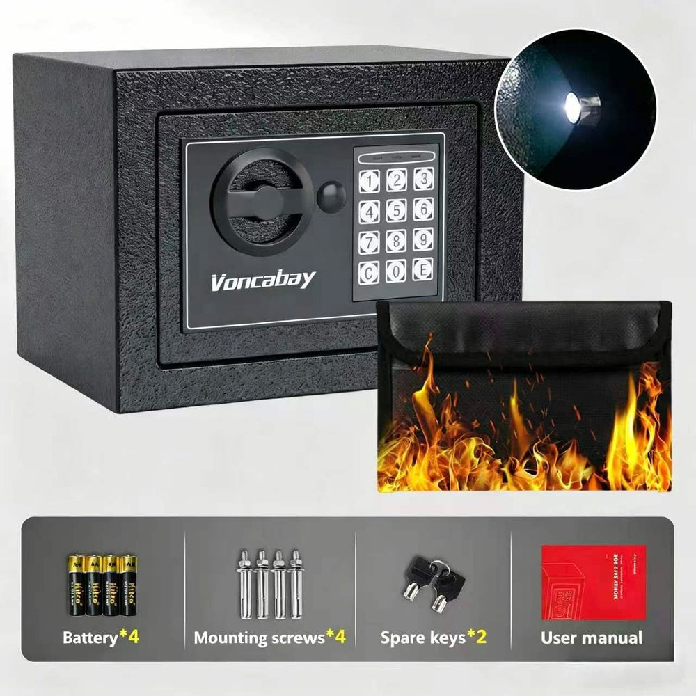 Voncabay safe placed on a bedside table, conveys discreet home security convenience