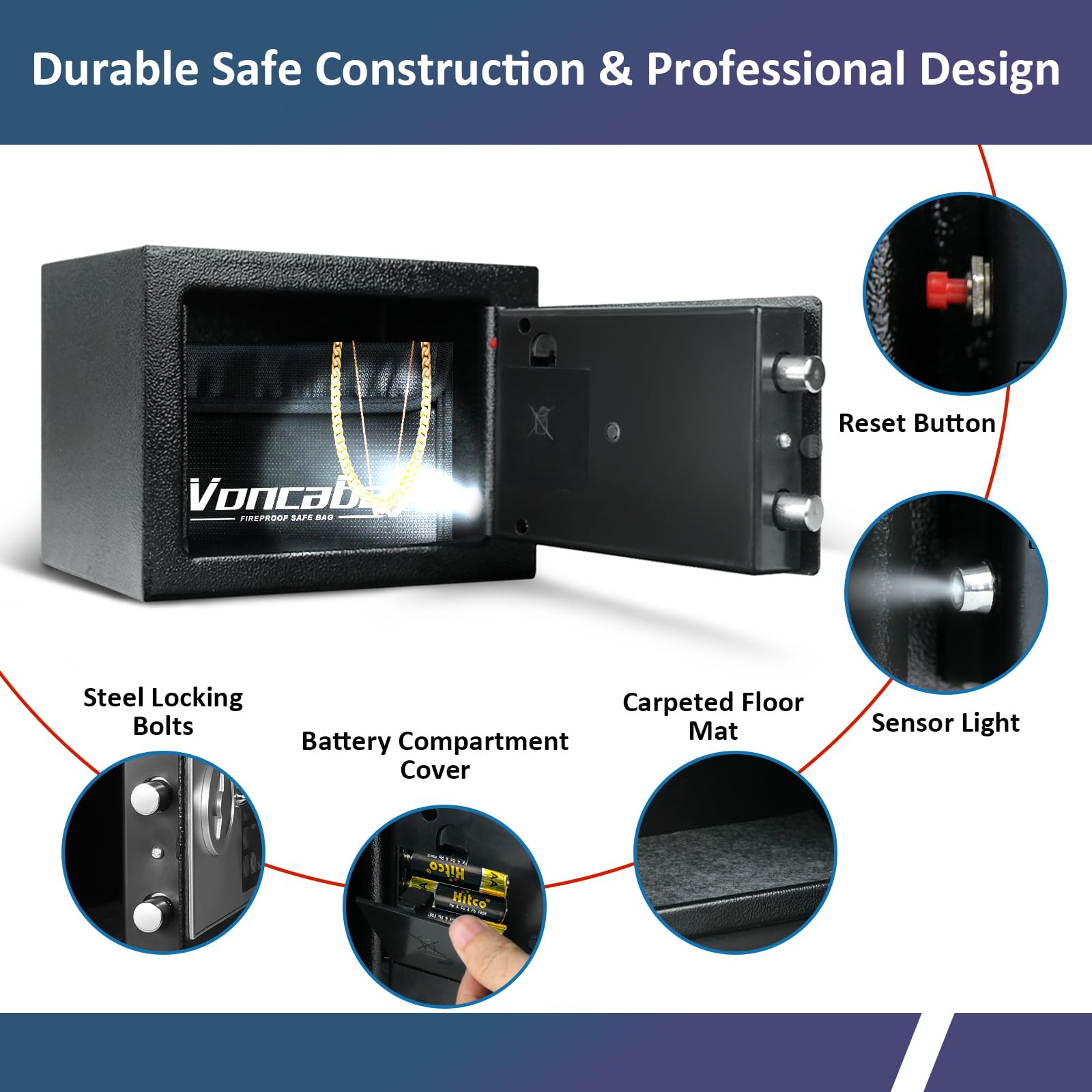 Voncabay safe held in hand for scale, illustrates compact size for travel or drawers