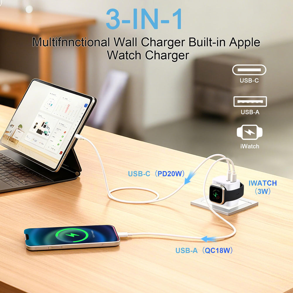 VONUV adaptador en uso sobre escritorio cargando iPhone y Apple Watch, espacio optimizado
