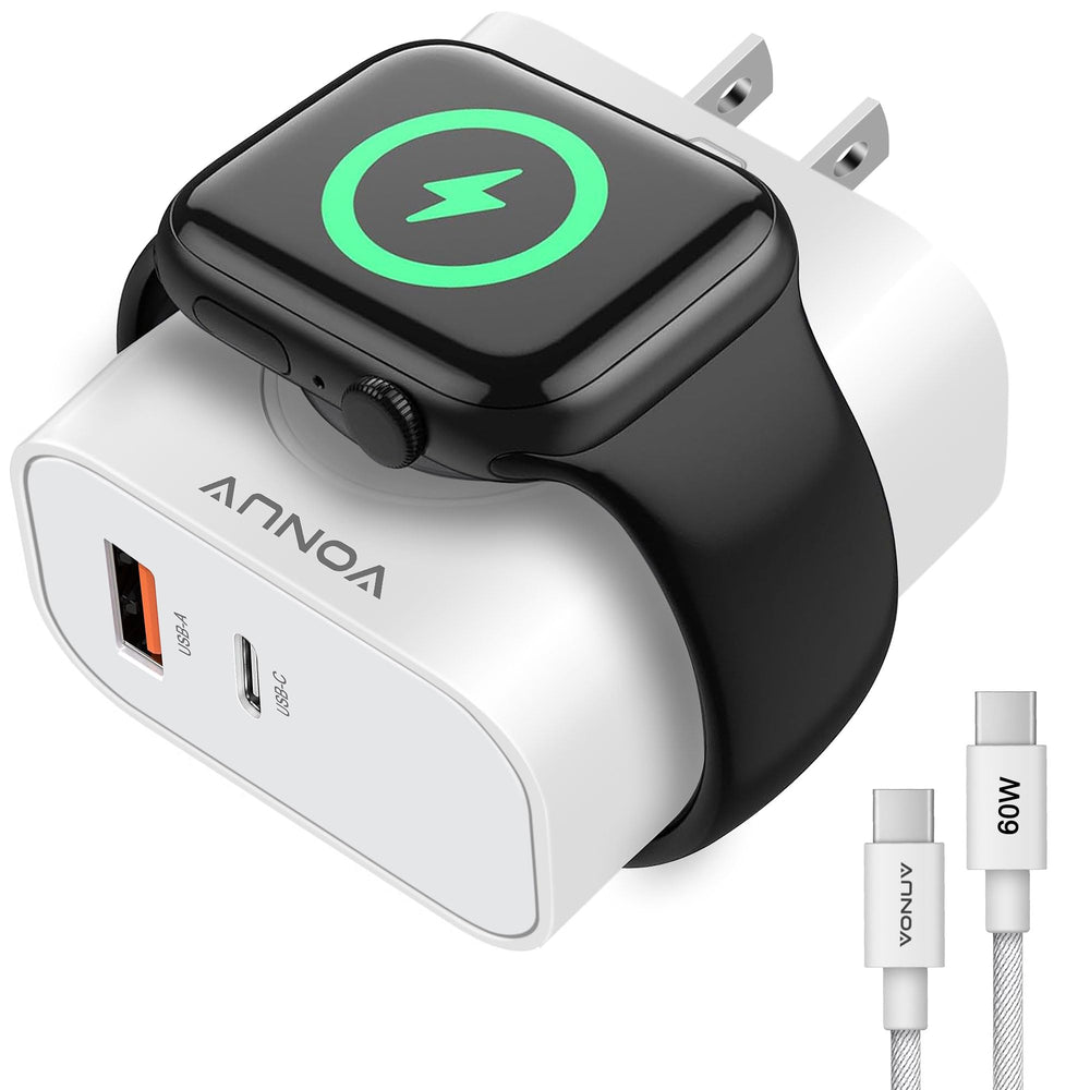 VONUV vista frontal del adaptador mostrando puerto USB-C y magnético, carga ordenada