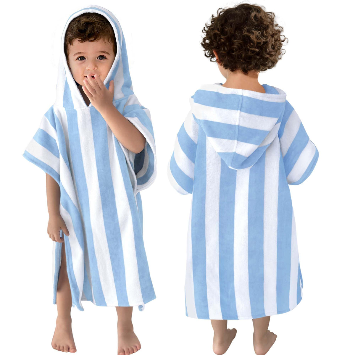 VOOVA & MOVAS poncho frontal con rayas azul claro, secado y confort inmediato