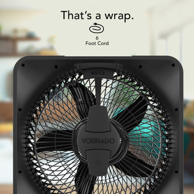 Vornado Model 80 comparación de tamaño frente a silla para escala