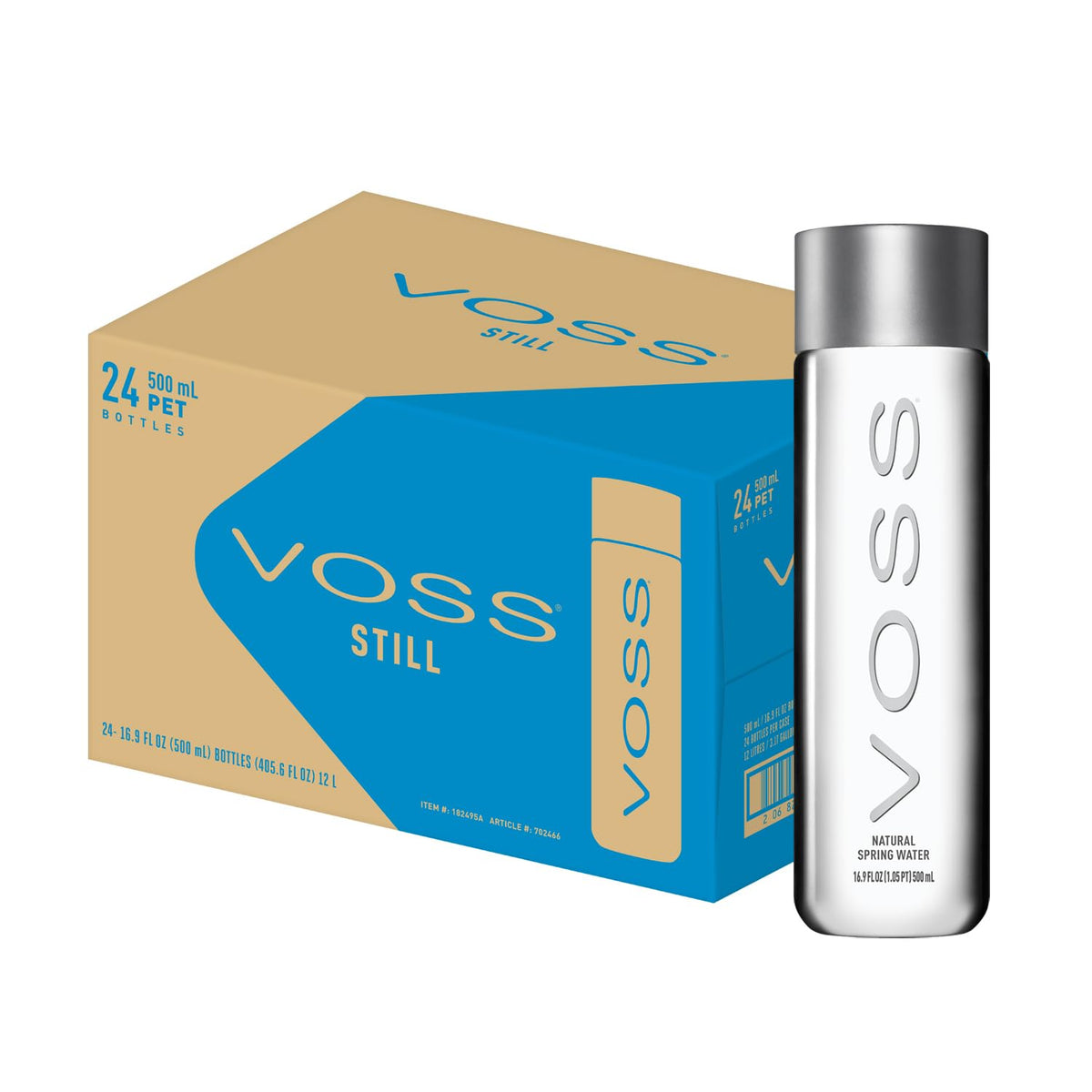 VOSS paquete de 24 botellas frontales mostrando elegancia y facilidad de almacenaje