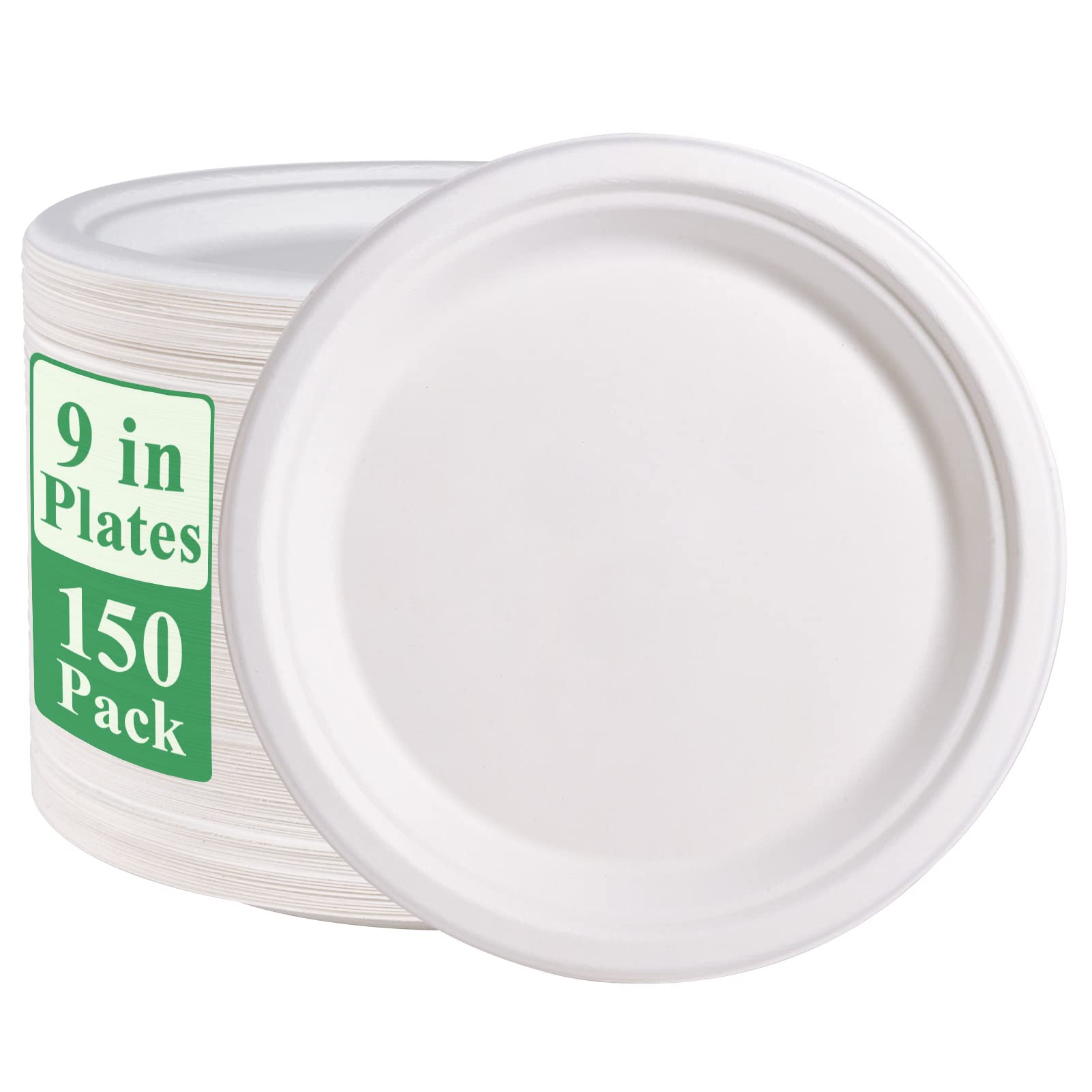Vplus paquete frontal de 150 platos compostables mostrando cantidad y diseño resistente