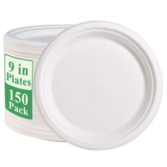 Vplus paquete frontal de 150 platos compostables mostrando cantidad y diseño resistente