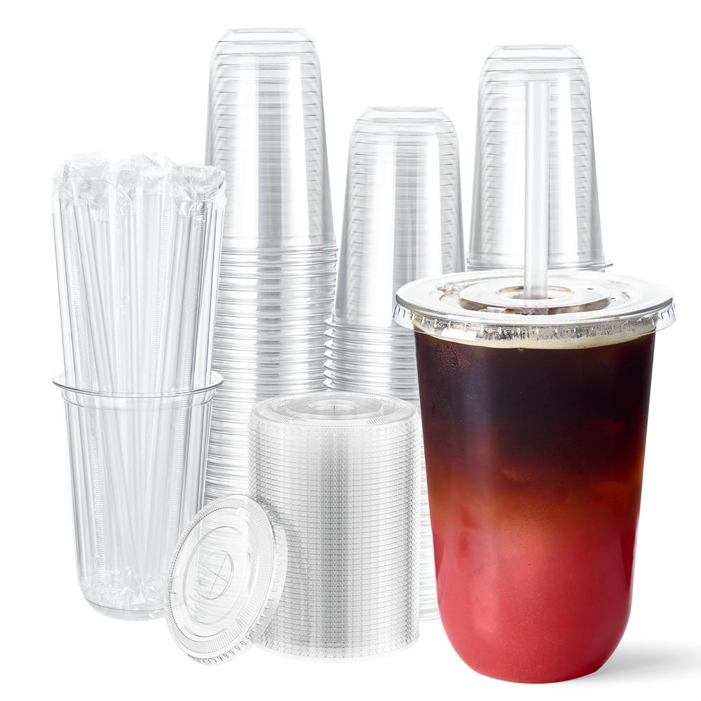 Vplus vaso 16 oz frente transparente mostrando la bebida y presentación profesional