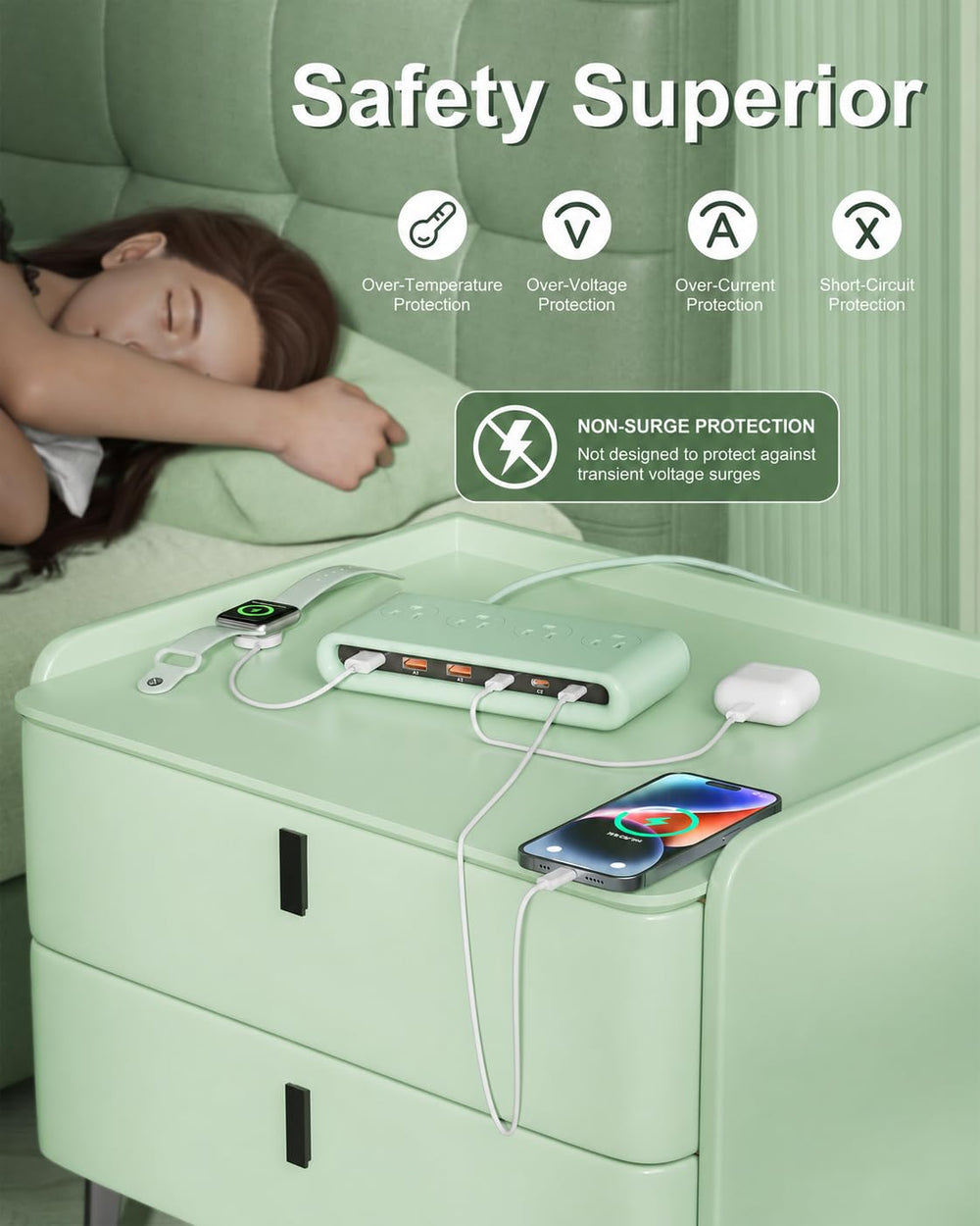 VPSUN regleta en dormitorio con laptop y móvil, ideal para estudiantes