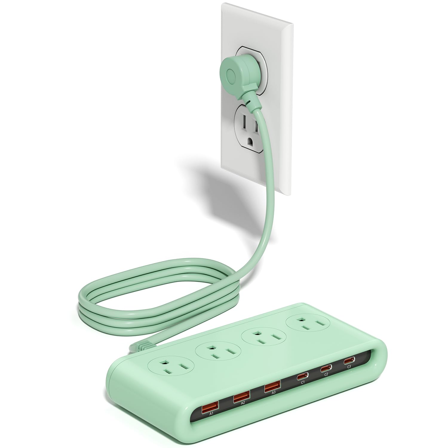VPSUN regleta frontal mostrando tomas AC y USB, carga múltiple segura