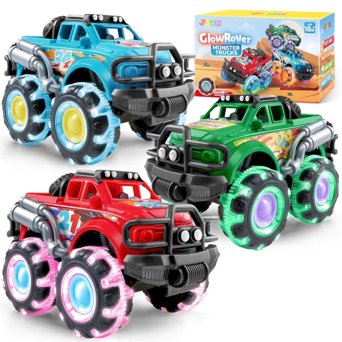 Vroomix frontal del pack de 3 trucks mostrando diseño resistente y atractivo