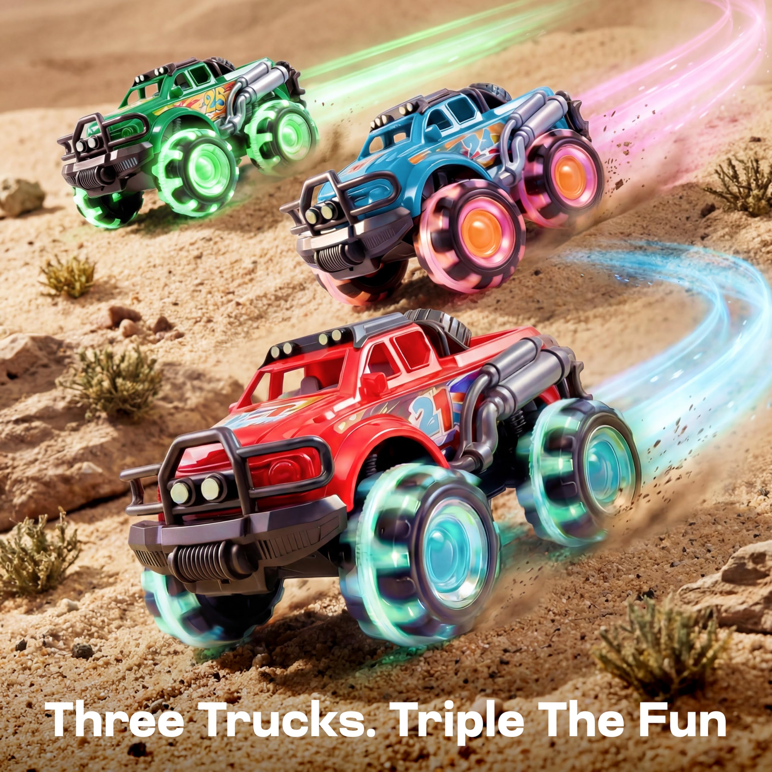 Vroomix trucks en acción durante una carrera, promueve juego activo