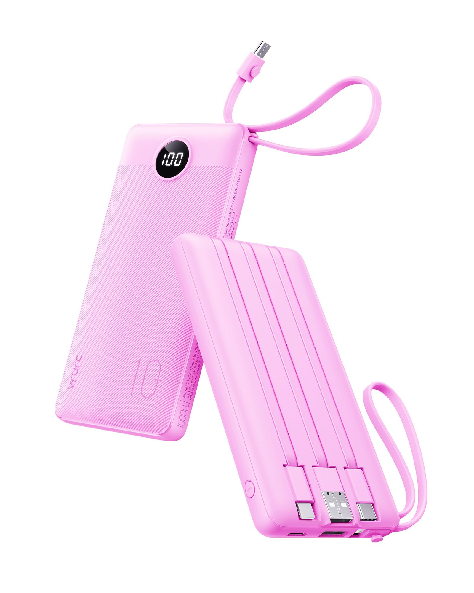 VRURC vista frontal del power bank mostrando diseño compacto y etiqueta