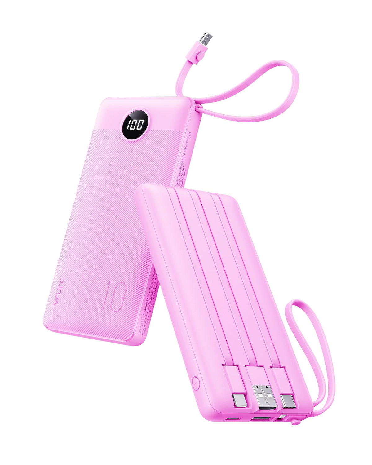VRURC vista frontal del power bank mostrando diseño compacto y etiqueta