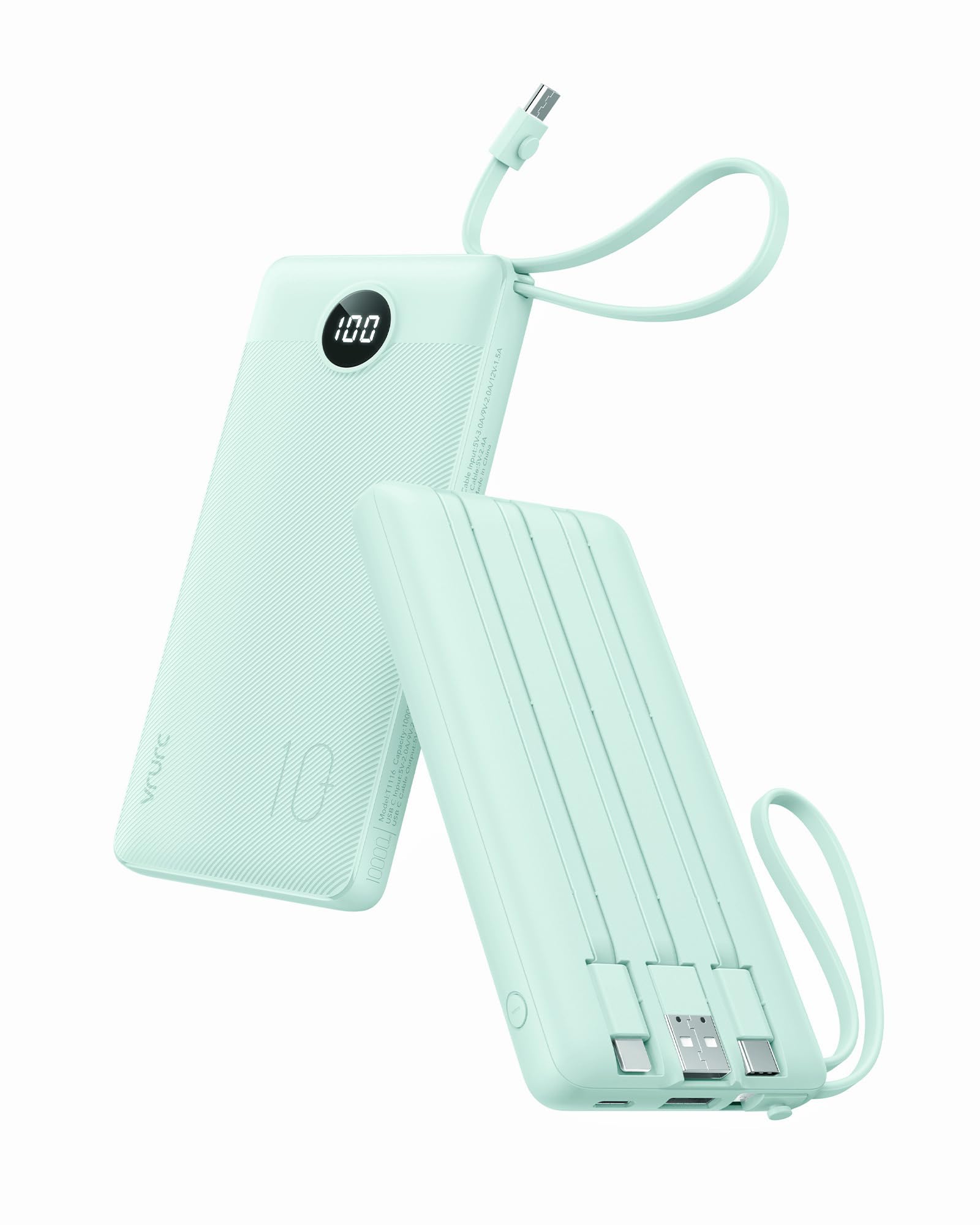 VRURC vista frontal del cargador portátil mostrando su tamaño y oferta todo en uno