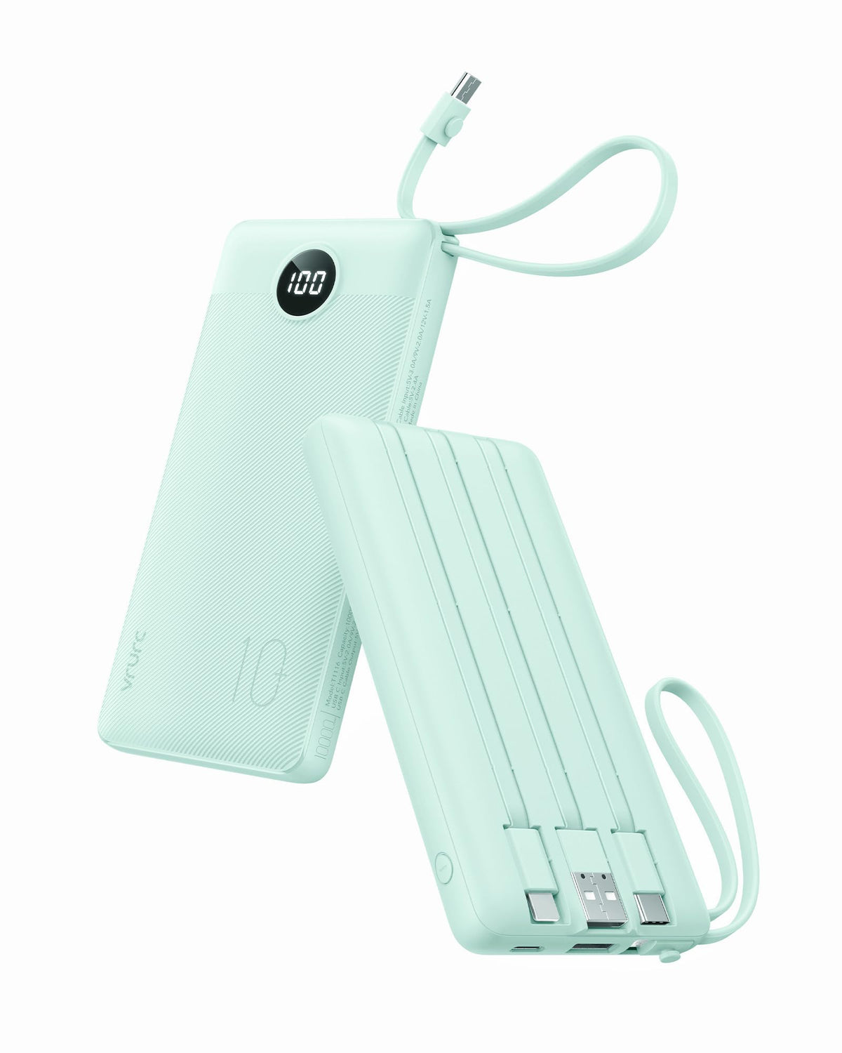 VRURC vista frontal del cargador portátil mostrando su tamaño y oferta todo en uno