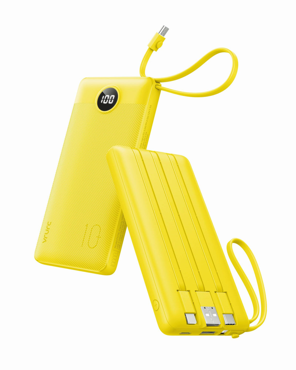 VRURC vista frontal del power bank mostrando diseño compacto y puertos