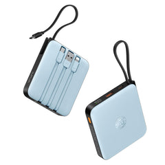 VRURC frontal del power bank azul mostrando diseño compacto y beneficio de portabilidad