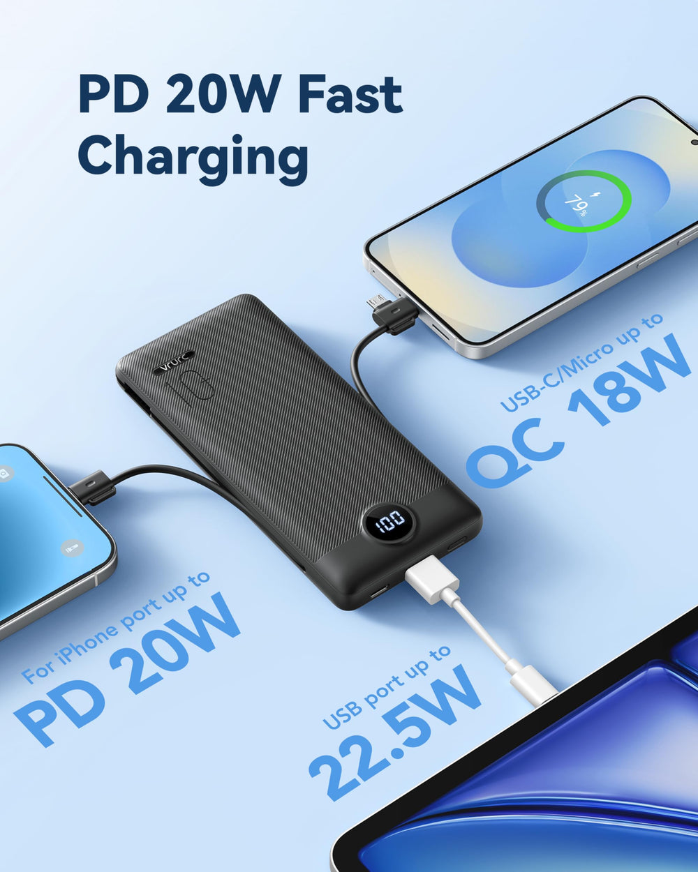 VRURC power bank sostenido en mano para comparar tamaño y ligereza