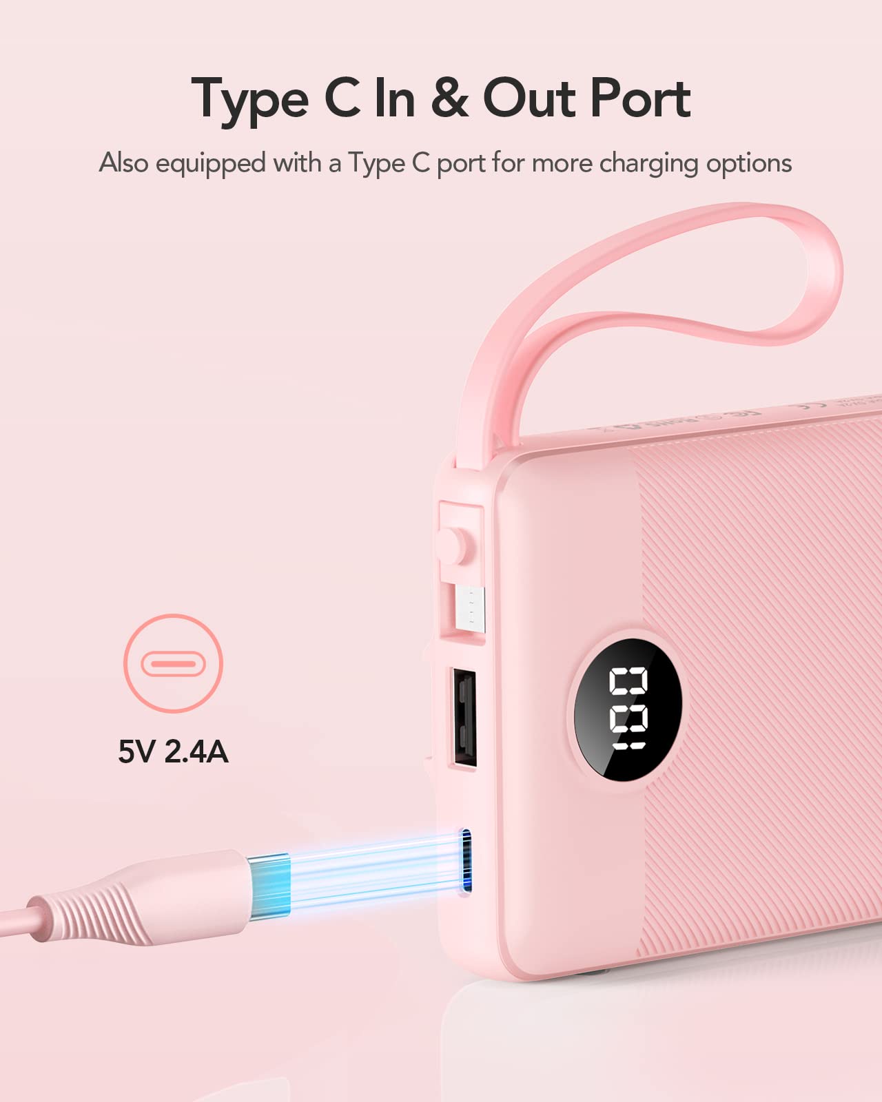 VRURC power bank colgado en mochila mostrando la correa para transporte manos libres