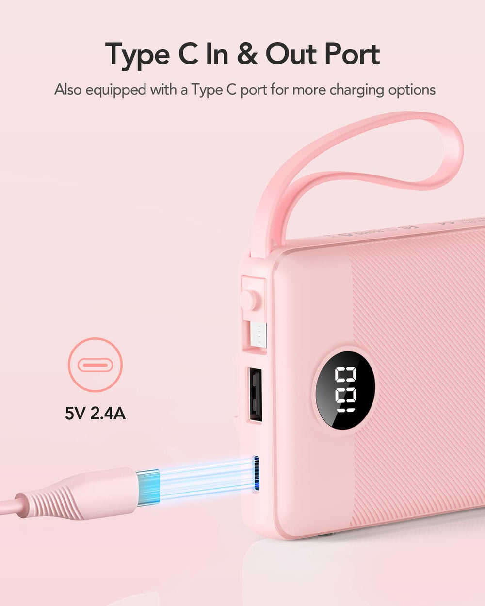 VRURC power bank colgado en mochila mostrando la correa para transporte manos libres