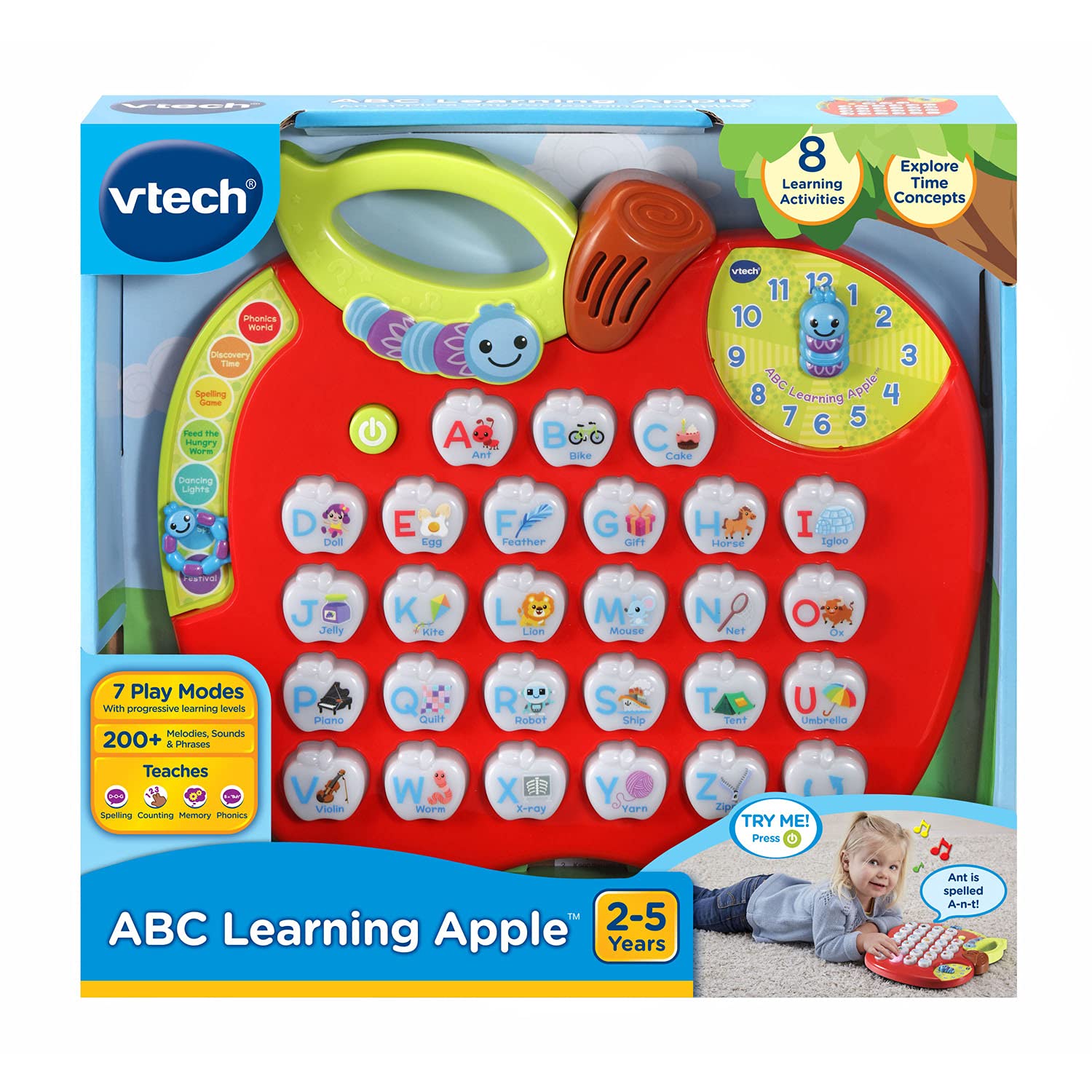 VTech ABC Learning Apple reverso con etiqueta y requisitos de pilas, información clara