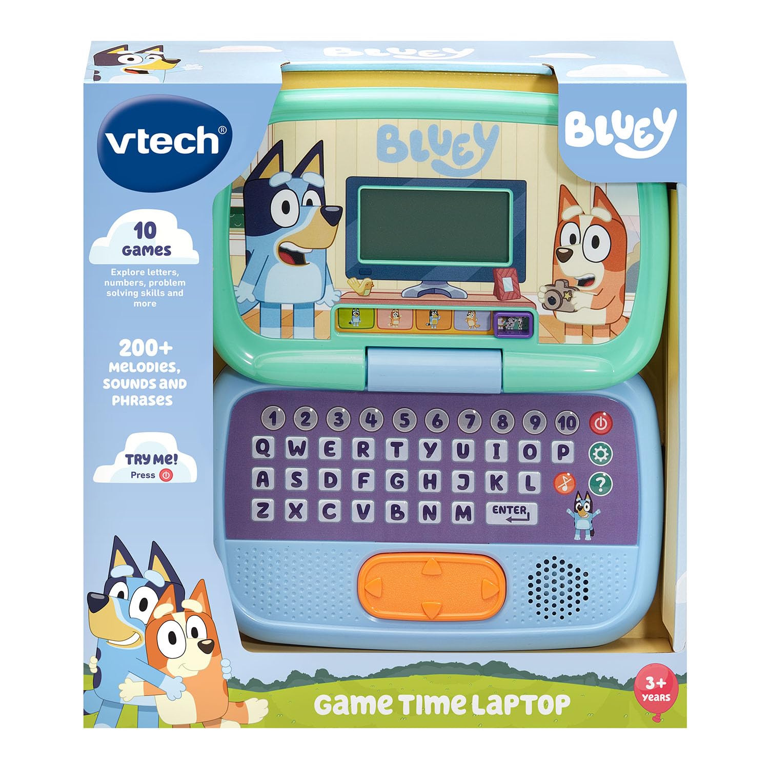 VTech Bluey junto a pilas AA para escala, muestra alimentación sencilla y reemplazo