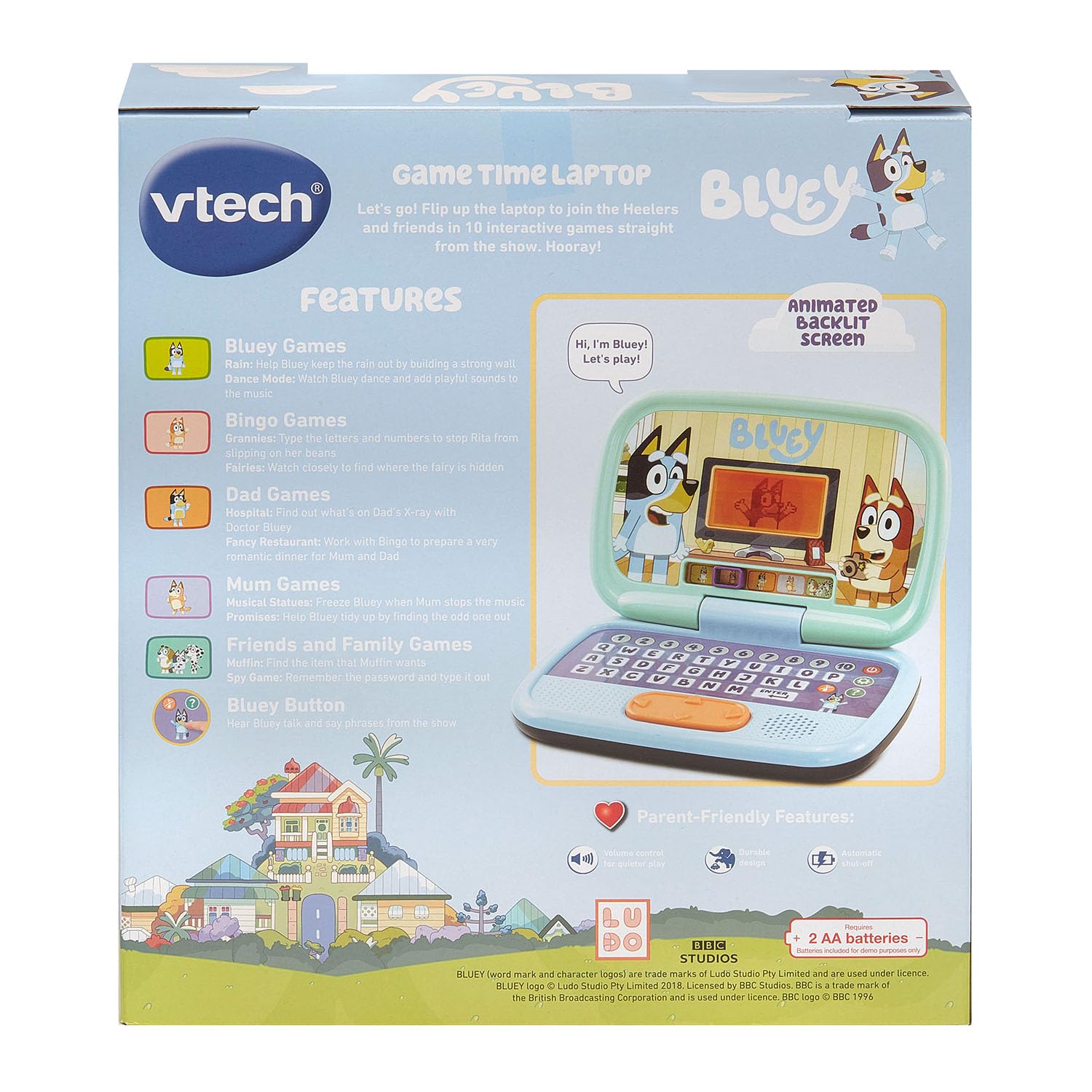 VTech Bluey empaque mostrado frontalmente, incluye información de juegos e edad