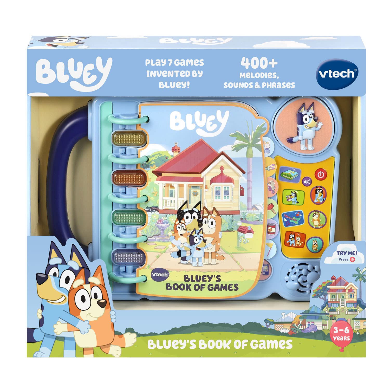 VTech Bluey escena familiar con niño usando el libro para juego cooperativo y aprendizaje