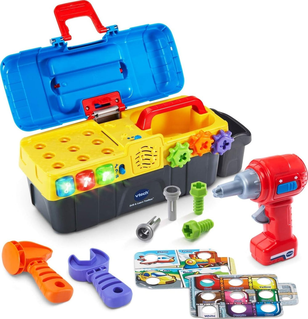 VTech caja de herramientas frontal mostrando piezas y beneficios educativos