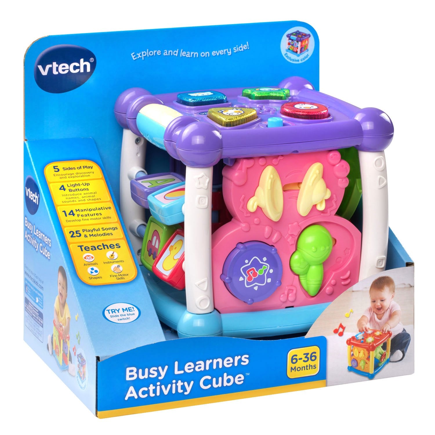 VTech cubo junto a pilas AAA para escala y nota de inclusión de demo