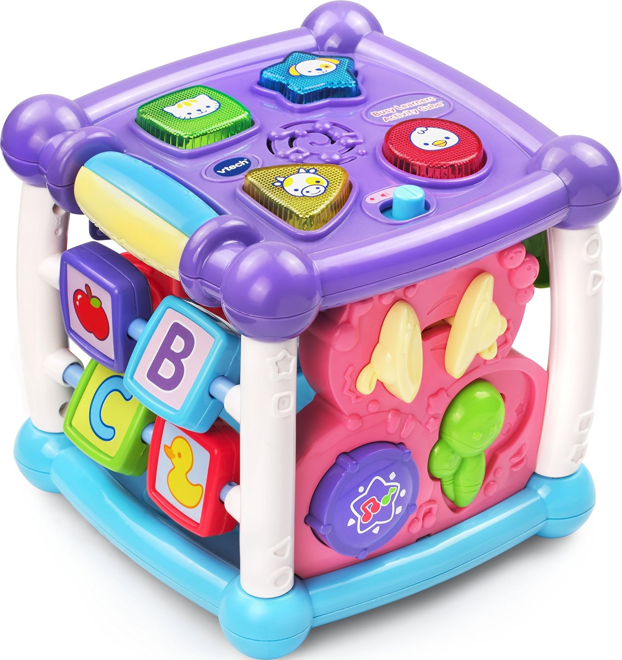 VTech cubo frontal morado mostrando caras activas y luces para juego educativo