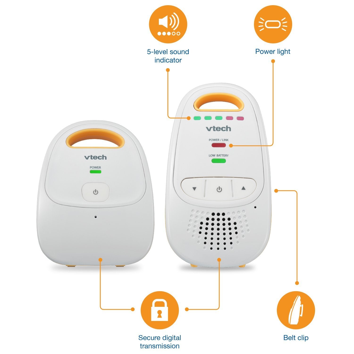 VTech DM111 mostrando pilas AAA y cargador como respaldo fiable