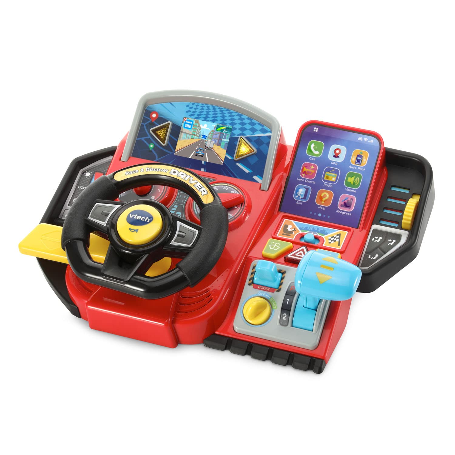 VTech pantalla a color mostrando una carrera, mantiene al niño concentrado y entretenido