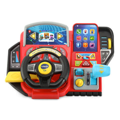 VTech Race and Discover Driver vista frontal con volante y pantalla, diversión educativa