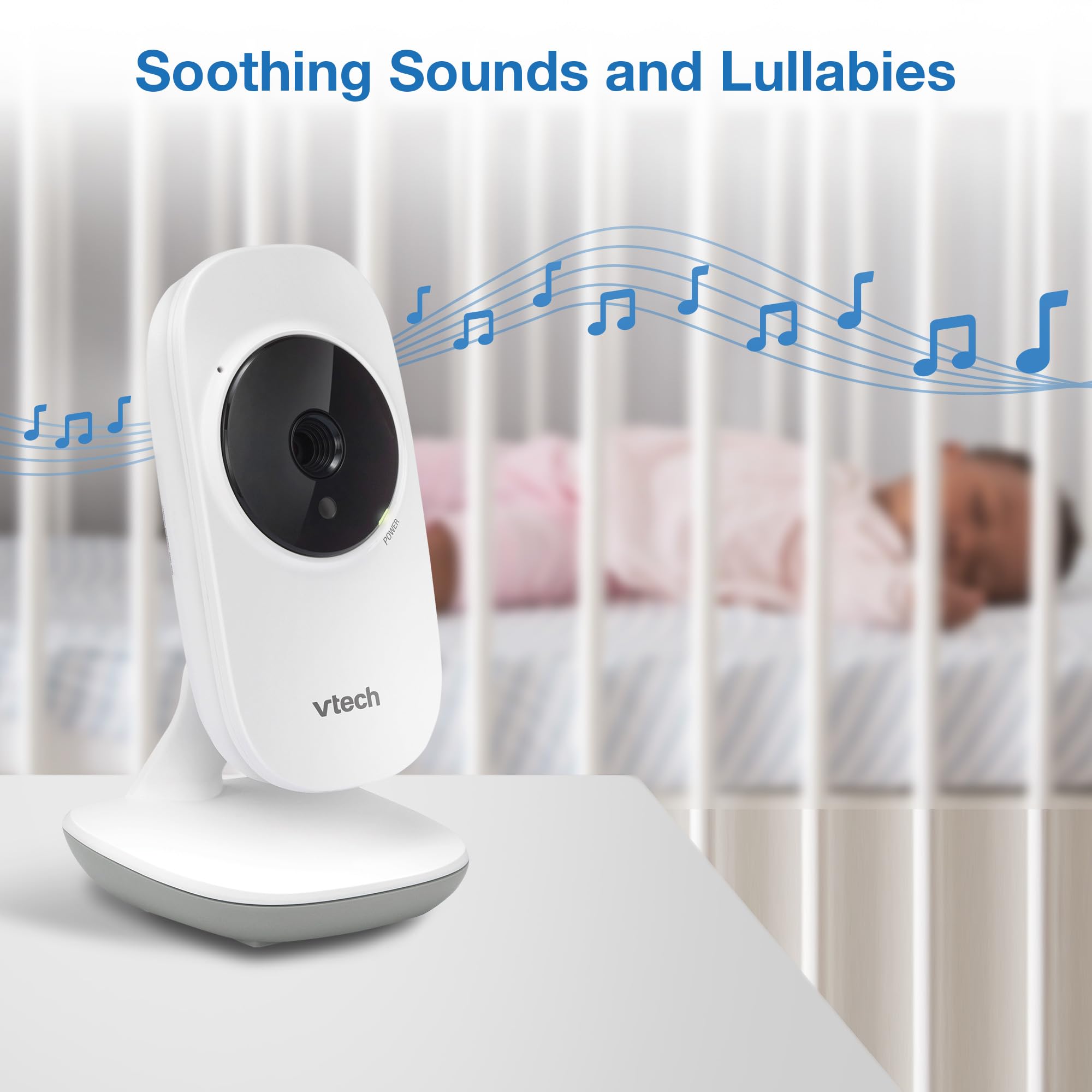 VTech VM819 estilo hogar mostrando uso en cuna y vigilancia cotidiana