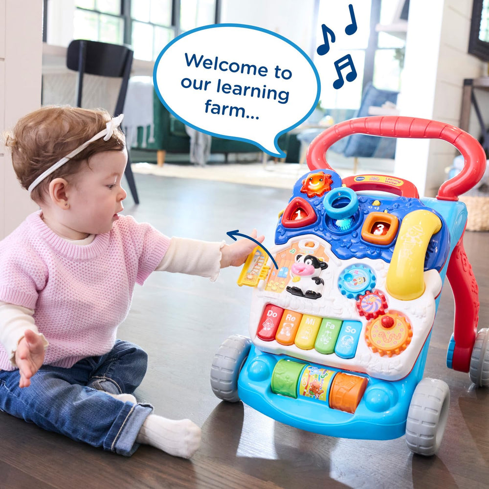 VTech lifestyle image of baby using walker building balance and independent steps
