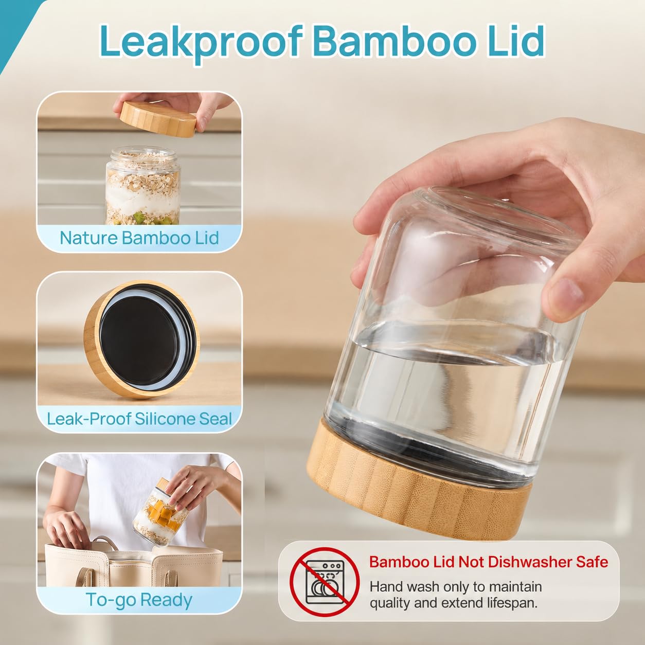 Tapa de bambú Vtopmart con vetas naturales y anillo de silicona sellante