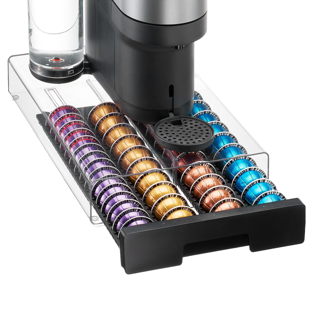 Vtopmart front view of clear Vertuo drawer showing organized capsules and quick selection
