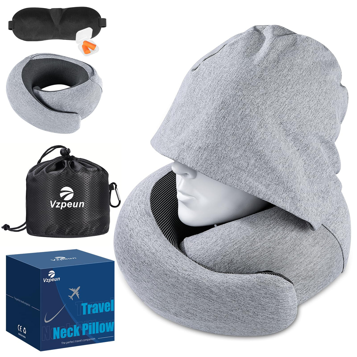 Vzpeun almohada con capucha frontal mostrando diseño envolvente y soporte cómodo