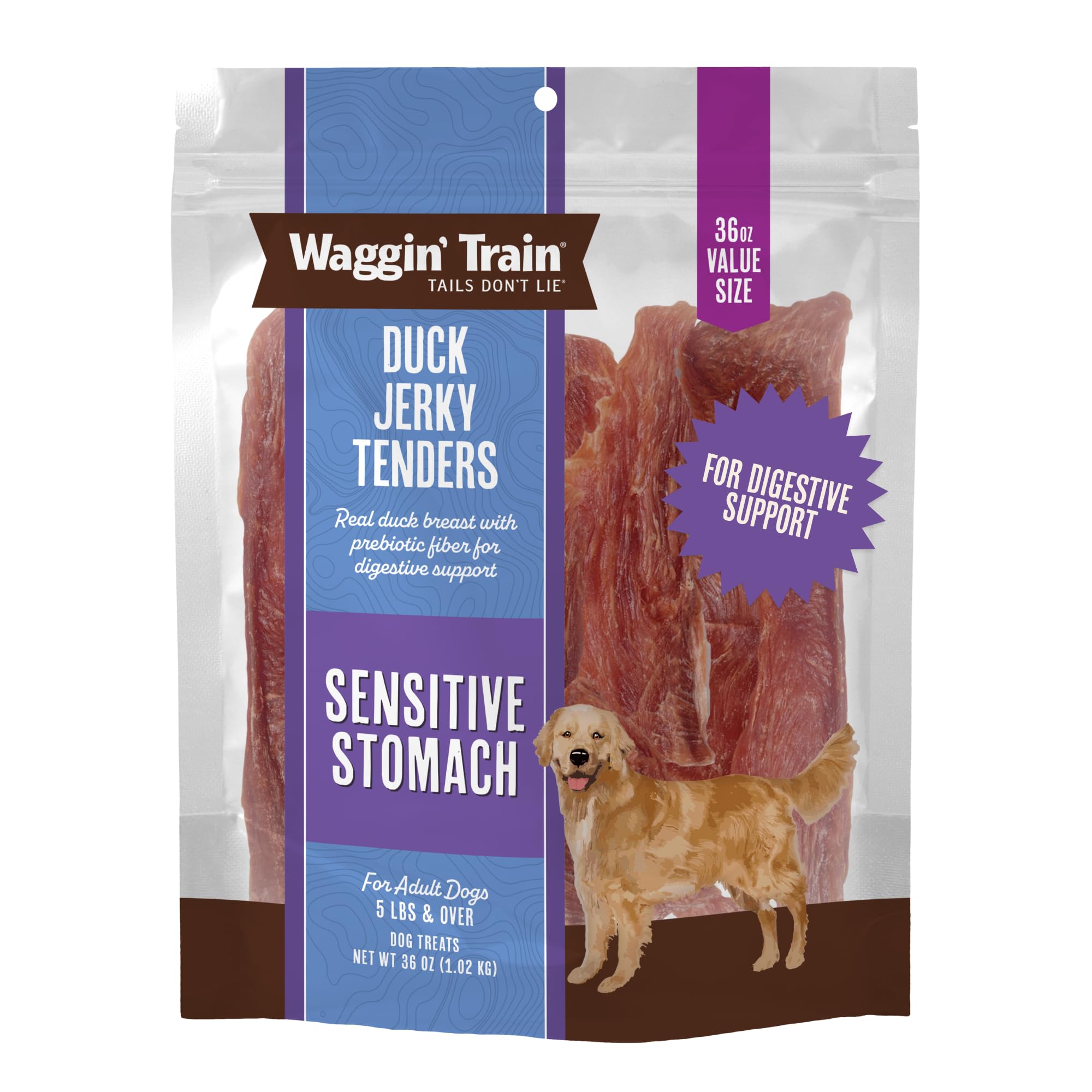 Waggin' Train paquete frontal mostrando tamaño y beneficios naturales