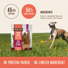 Waggin' Train primer plano de la textura del jerky, rica en proteína