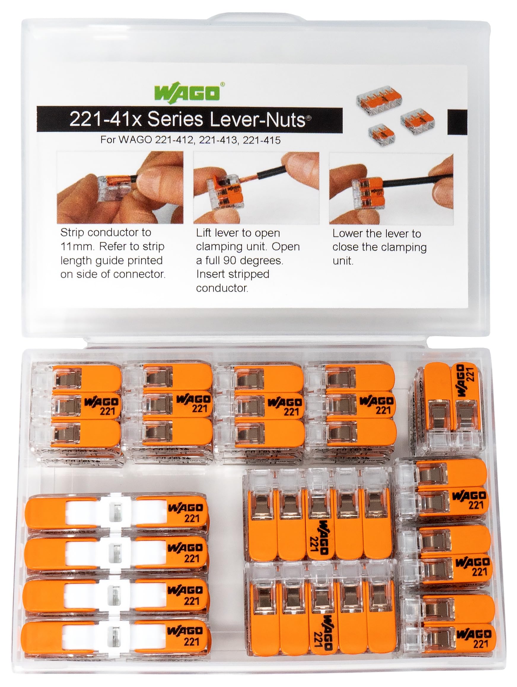 Peppy Products WAGO 221 etiqueta con modelos 221-2401, 221-412, 221-413, 221-415 legible