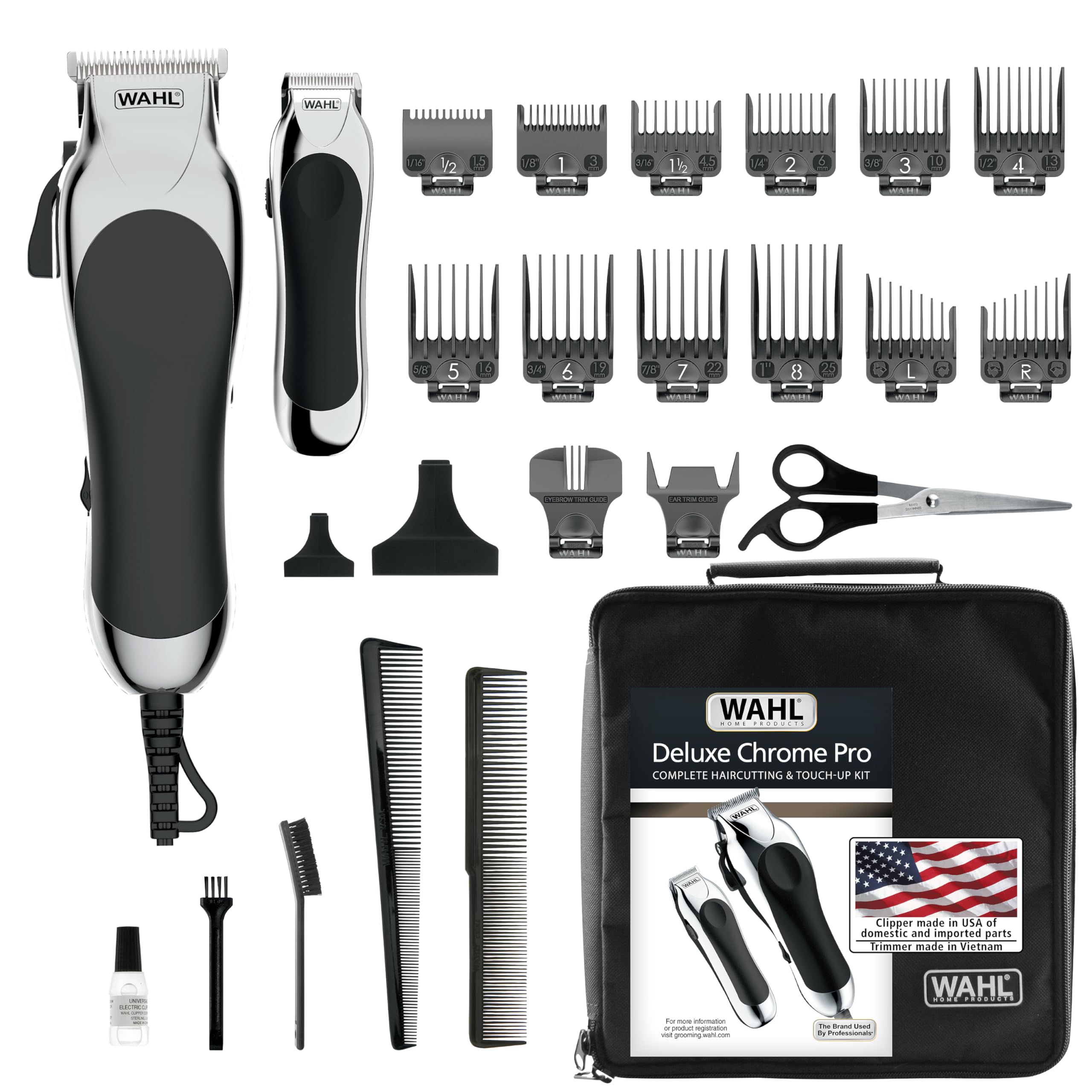 Wahl Chrome Pro frontal en funda mostrando kit completo y almacenamiento eficiente