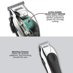Wahl Chrome Pro motor y cable en uso proporcionando mayor potencia para cabello grueso