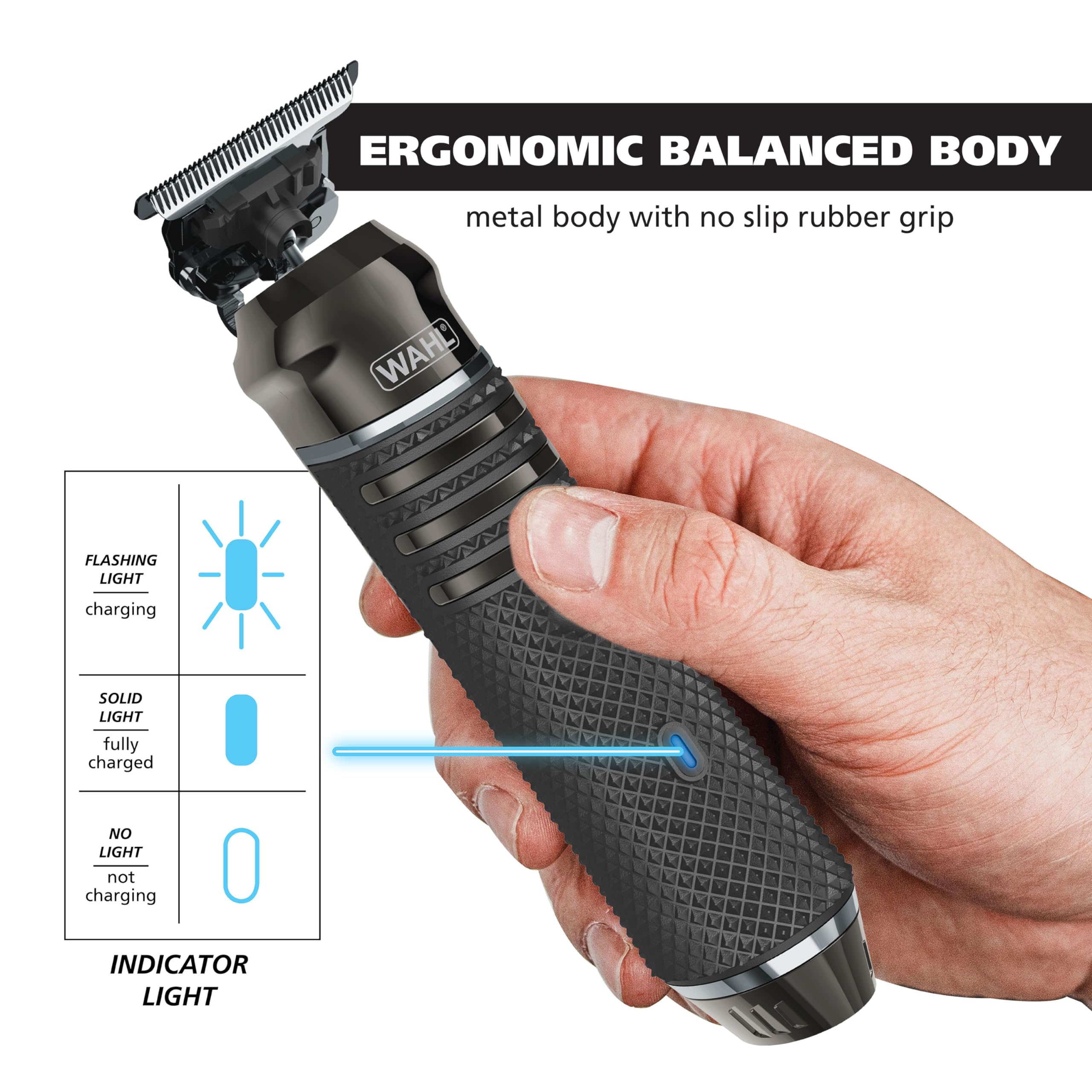 Wahl trimmer held in hand to show size and textured grip for secure grooming control