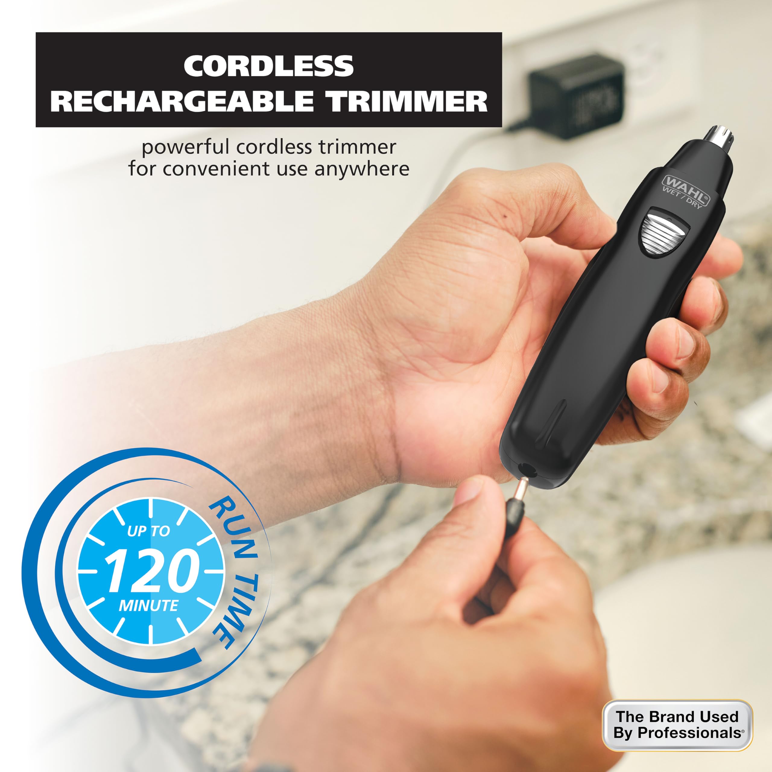Wahl trimmer on bathroom vanity in lifestyle scene showing everyday grooming convenience benefit