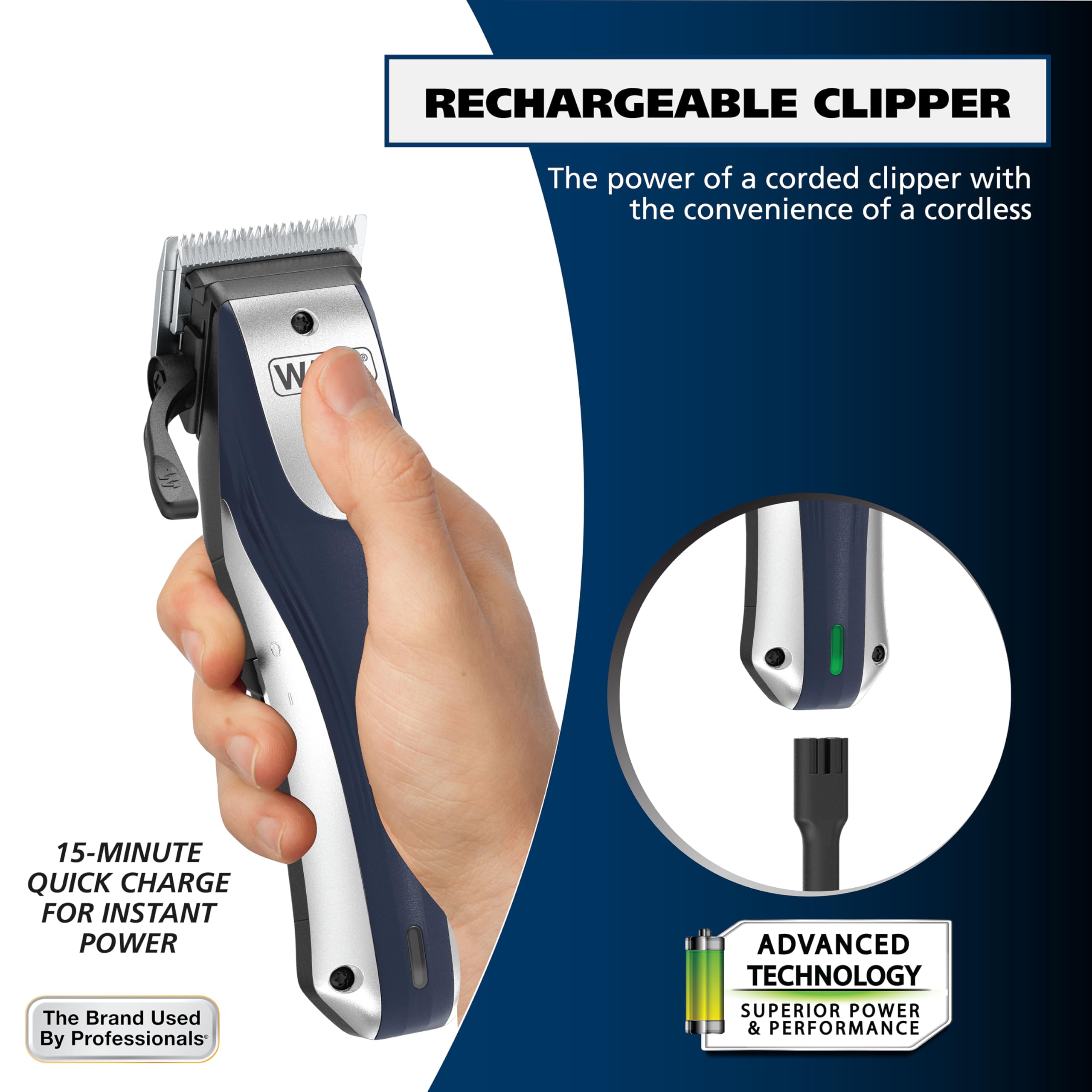 Wahl clipper held in hand showing cordless convenience and scale