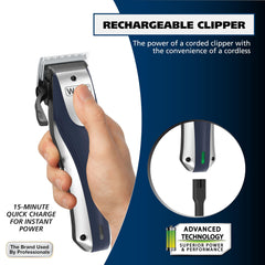 Wahl clipper held in hand showing cordless convenience and scale