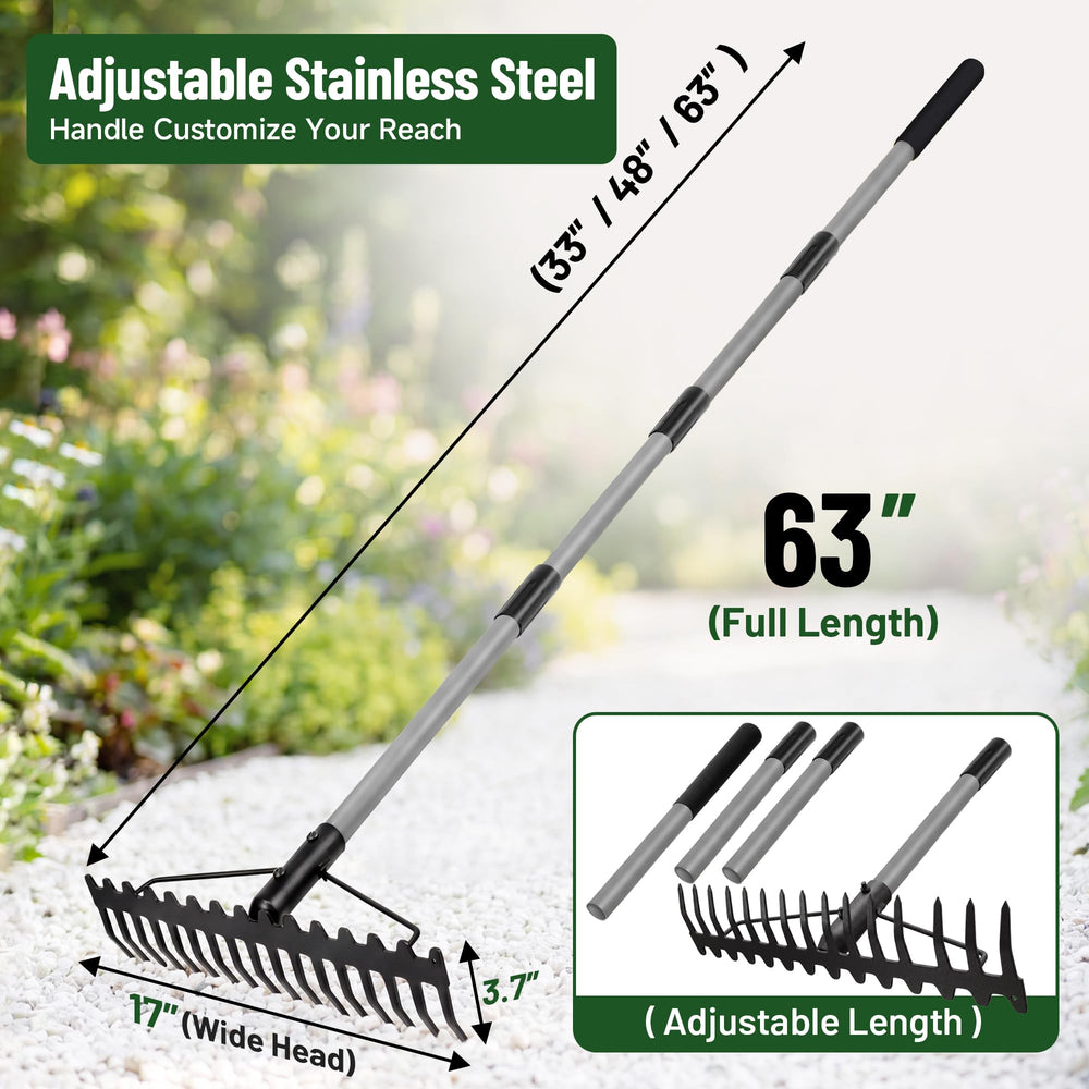 Walensee rake beside a foot for scale showing 63-inch handle length benefit