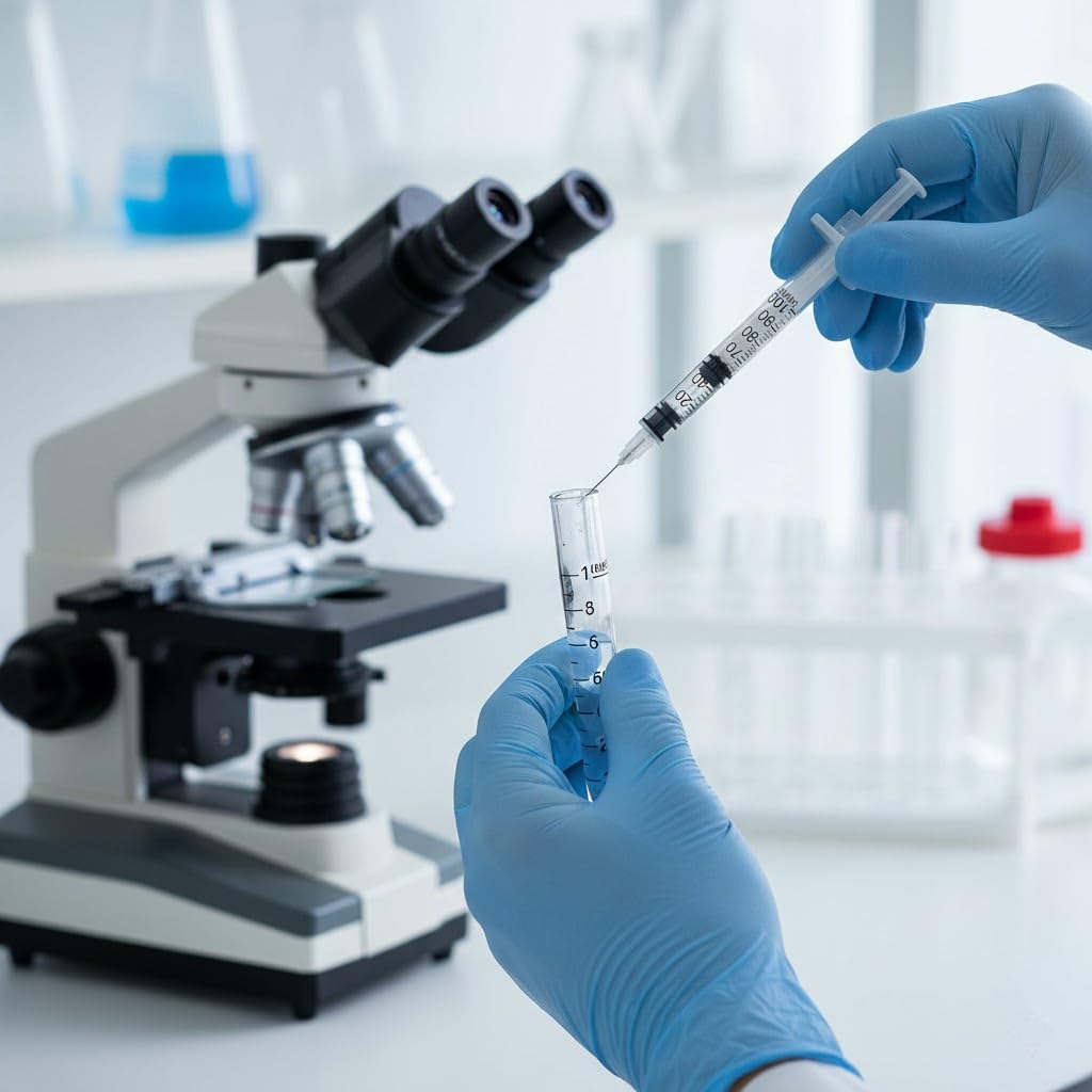 Walipuil jeringa en manos en laboratorio demostrando manejo controlado