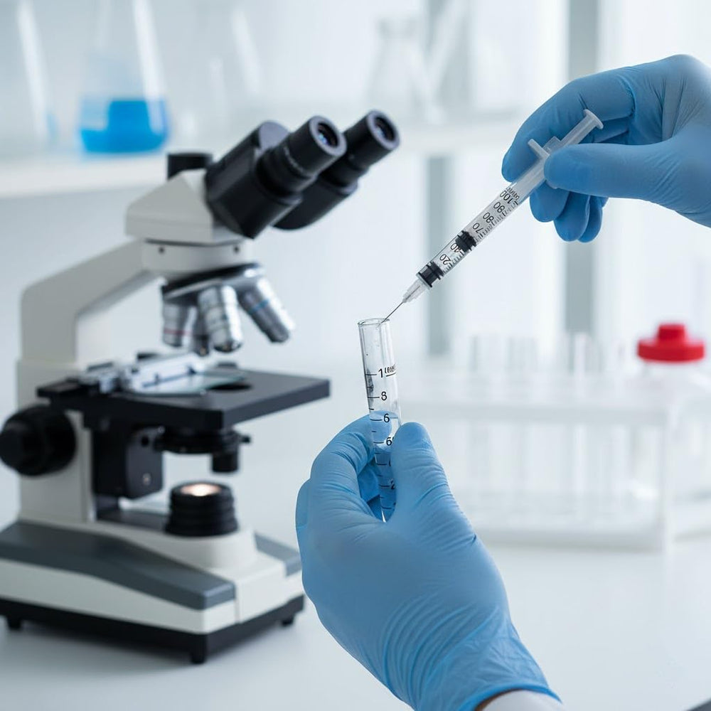 Walipuil jeringa en manos en laboratorio demostrando manejo controlado